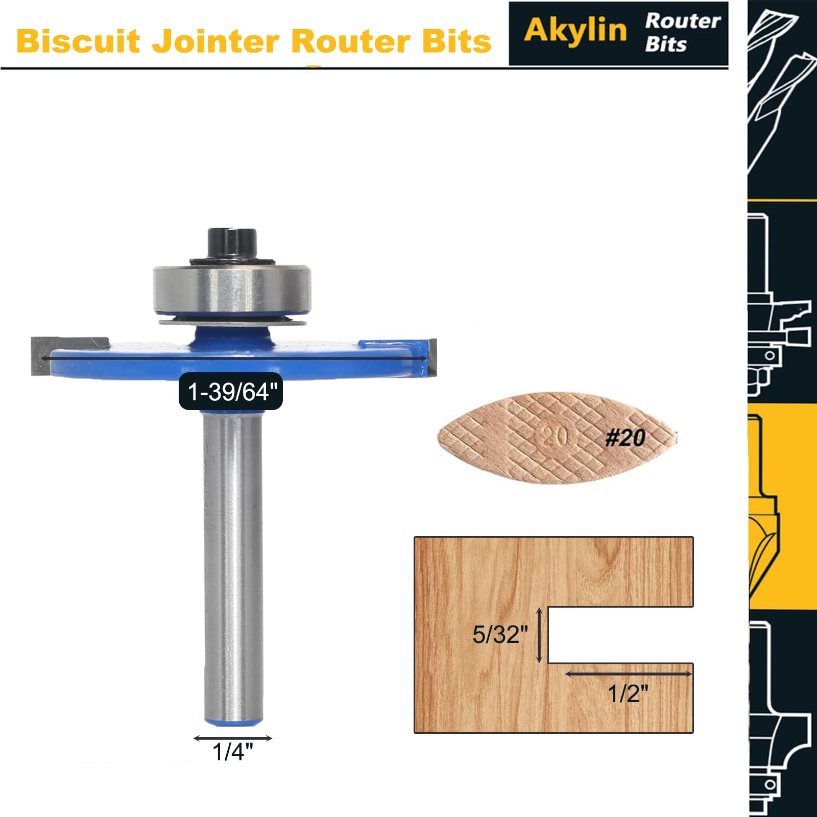 Akylin 20# Biscuit Jointer Router Bit, 1/4”Shank Biscuit Joint Slot Cutter Router Bits with Bearing - Image 2