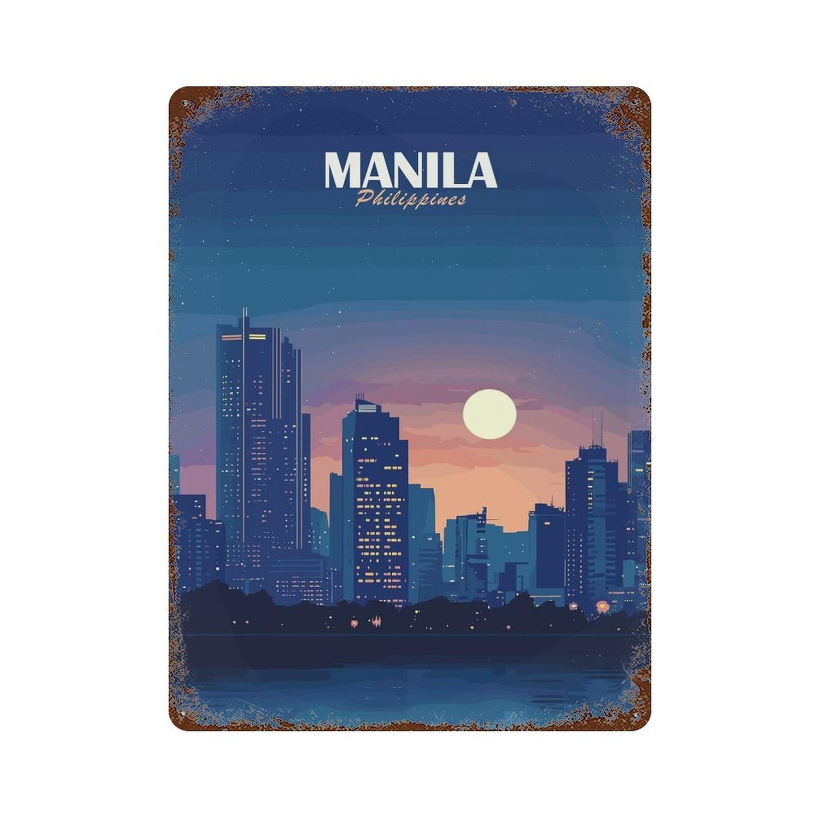 Retro Metal Sign Manila Philippines Cityscape at Night 15.7"x11.8", Retro Wall Decor for Living Room, Hallway And Home Decor