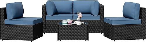 Miniatura 7 de Shintenchi Sofá modular de 5 piezas para patio al aire libre, juegos de muebles de mimbre de polietileno, juegos de conversación de patio con