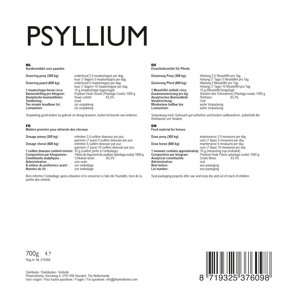 PharmaHorse Psyllium | Fonction intestinal du Cheval | Pour Chevaux qui vivent Dans un environnement Avec du Sable | Sans sucres ajoutés et Sans éléments dopants | 700 grammes