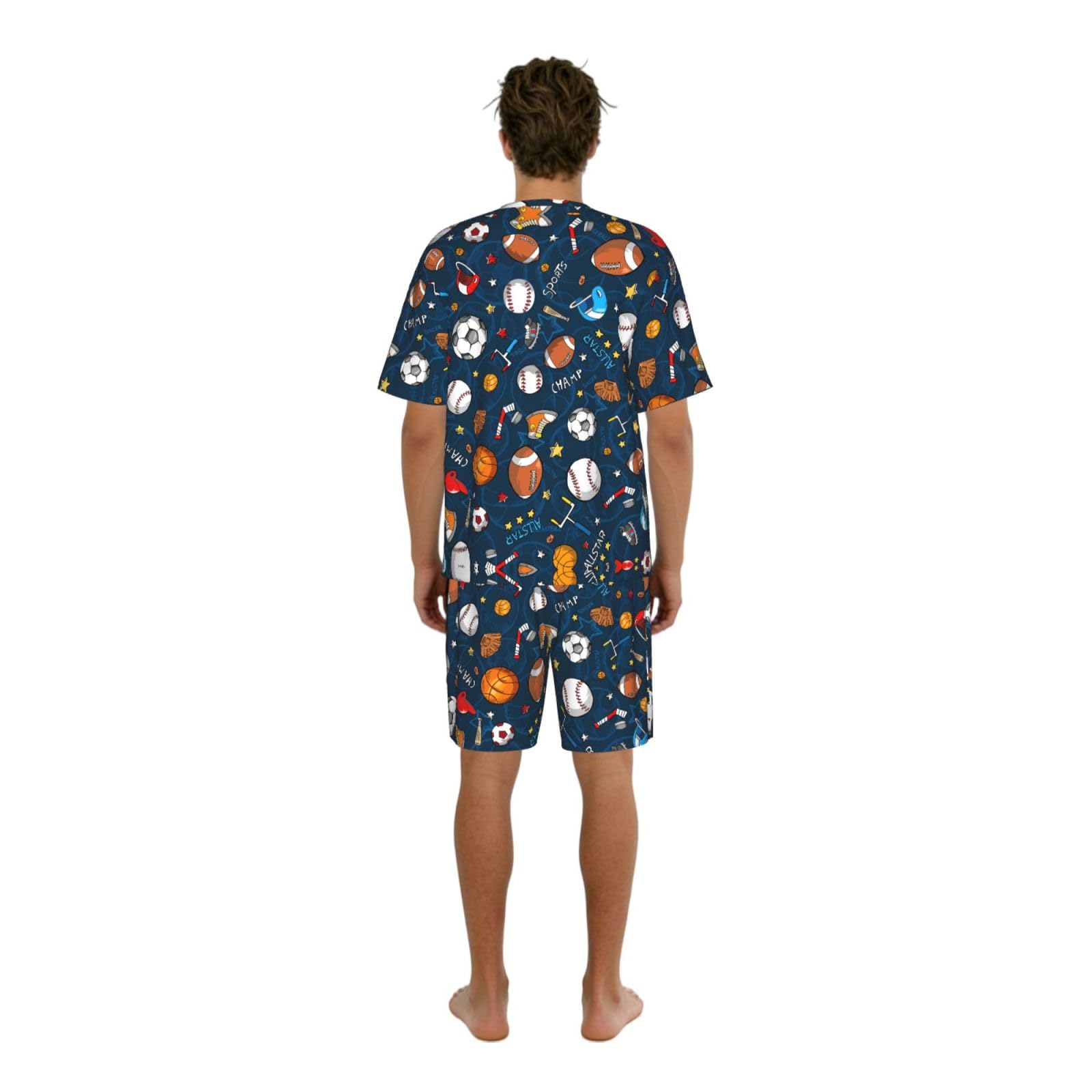 Conjunto de pijama deportivo con estampado de juego de béisbol para hombre, cómodo conjunto de pijama con pantalones cortos, perfecto para las noches de verano
