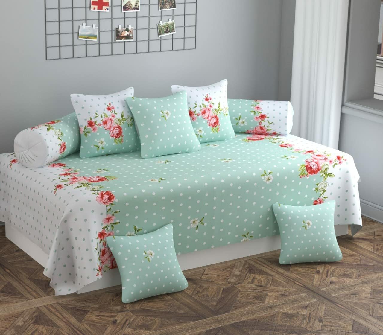 Polycotton Polka, Floral Diwan Set (Green, White)_BZ_diwan-dot-Green-image-26
