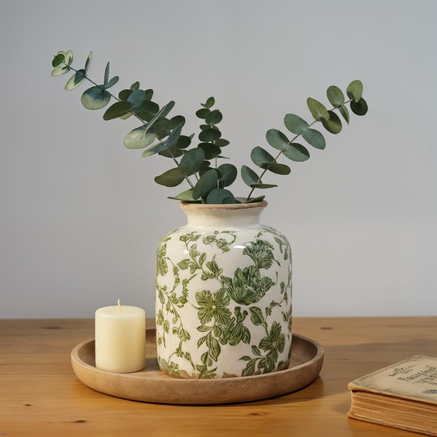 Vintage Green Crackle Glaze Ceramic Flower Vase, 6” Small Rustic Pottery-Style Decorative Vase with Distressed Beige Rim, Farmhouse Cottage Tabletop & Mantel Home Decor - Image 5