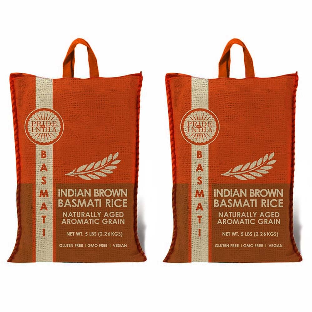 Pride Of IndiaExtra Long Indian Premium Brown Basmati Rice, 10 Pound (4.54 Kilo) Reclosable Bag - Naturally Aromatic, Aged, Flavorful, Slender, Non Sticky Whole Grains - 100+ Servings - Great Value