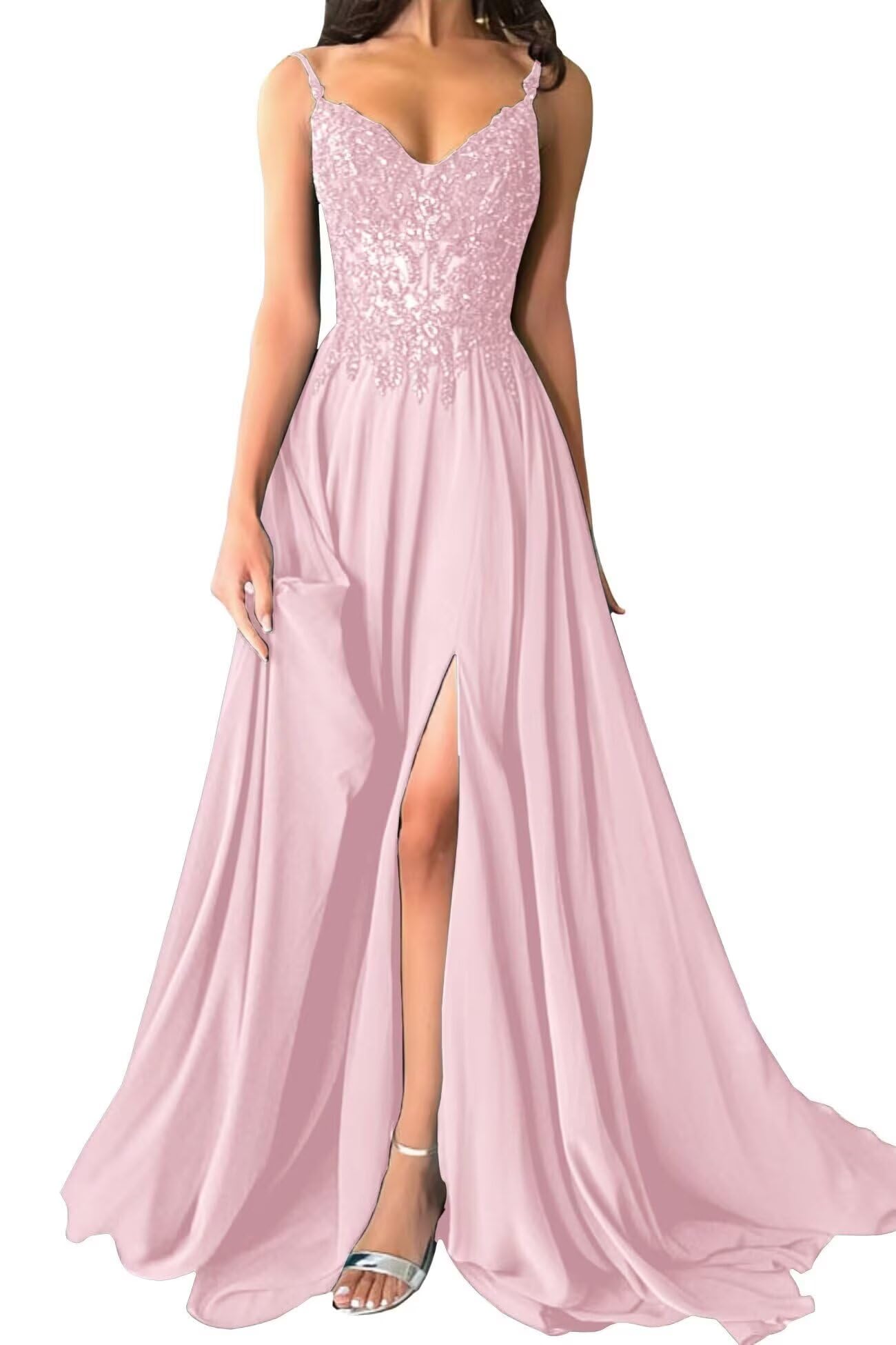 Damen Chiffon Ballkleider Lang V-Ausschnitt Spitzenapplikationen Brautjungfernkleid A-Linie Abendkleider mit Schlitz