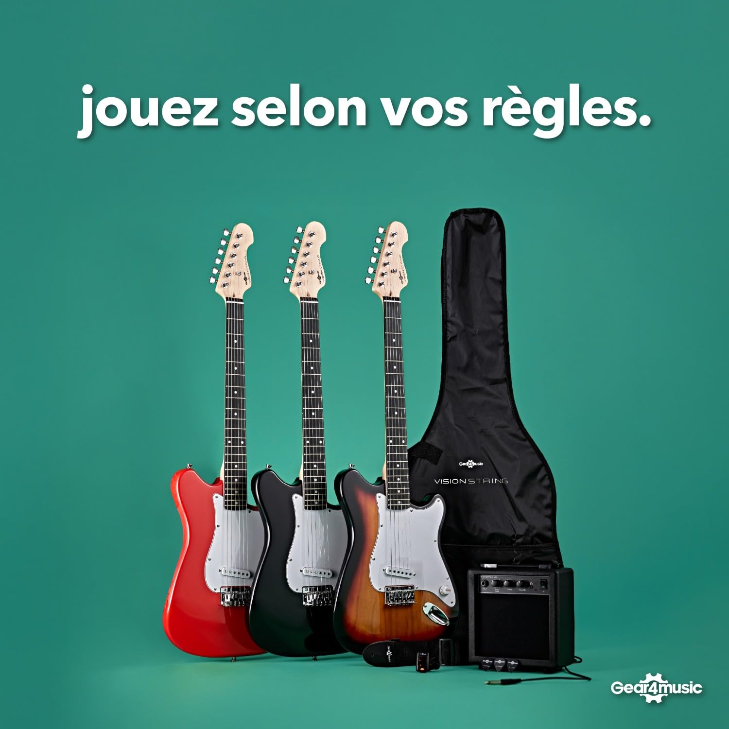 VISIONSTRING Kit Guitare Electrique 3/4 pour Gaucher avec Ampli 10W et Accessoires - Pack Complet Noir