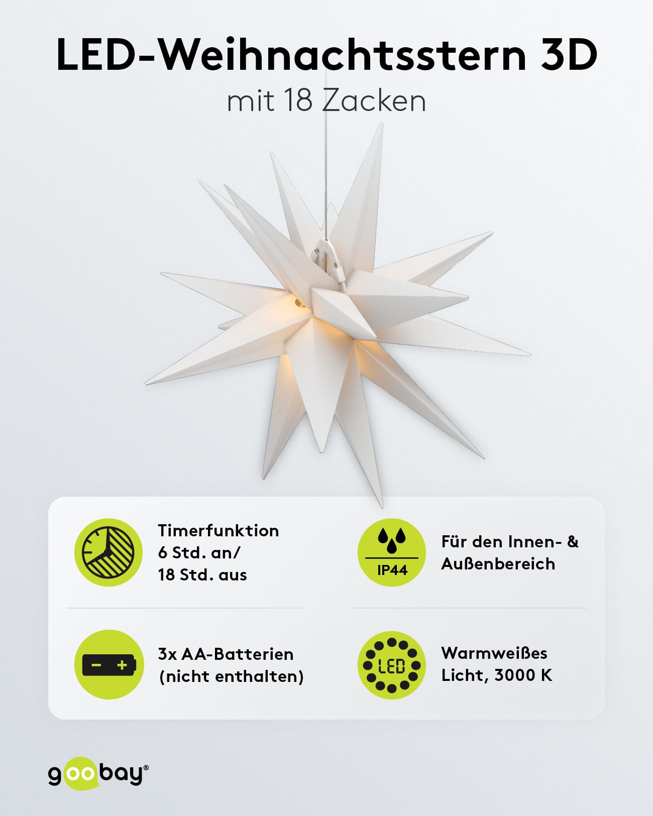 goobay 64788 Gwiazda bożonarodzeniowa LED 3D Ø 56 cm/gwiazda z 18 zębami i timerem/dekoracja bożonarodzeniowa/do nastrojowej atmosfery/zasilanie bateryjne/dekoracja ścienna/świecąca gwiazda /