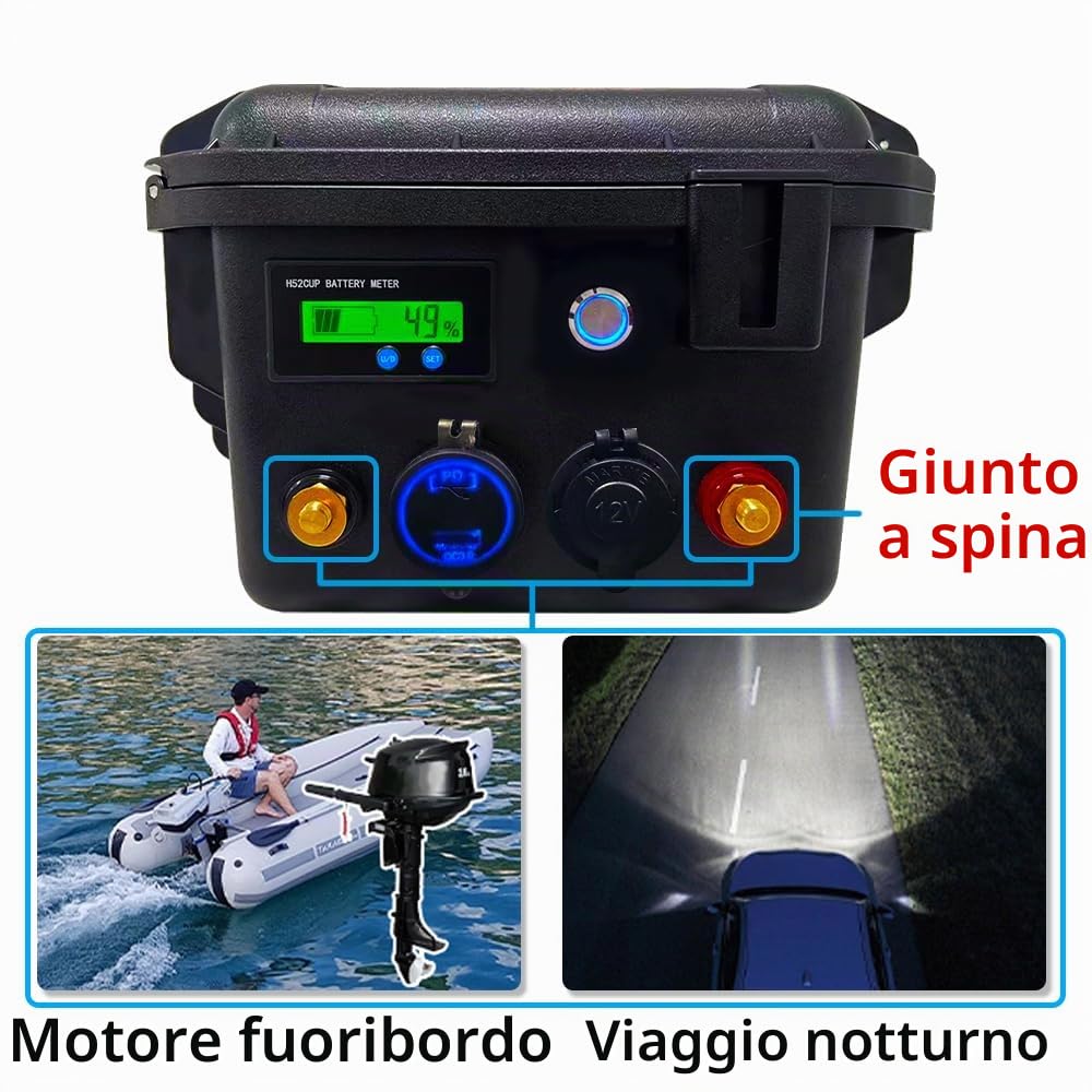 LiFePO4 12V 100Ah, Batteria Marina con Bluetooth e Caricatore Fino a 6000 Cicli Uscita Massima 1280Wh con BMS Da 100A per Pesca a Motore, Barche, Camper, Caravan