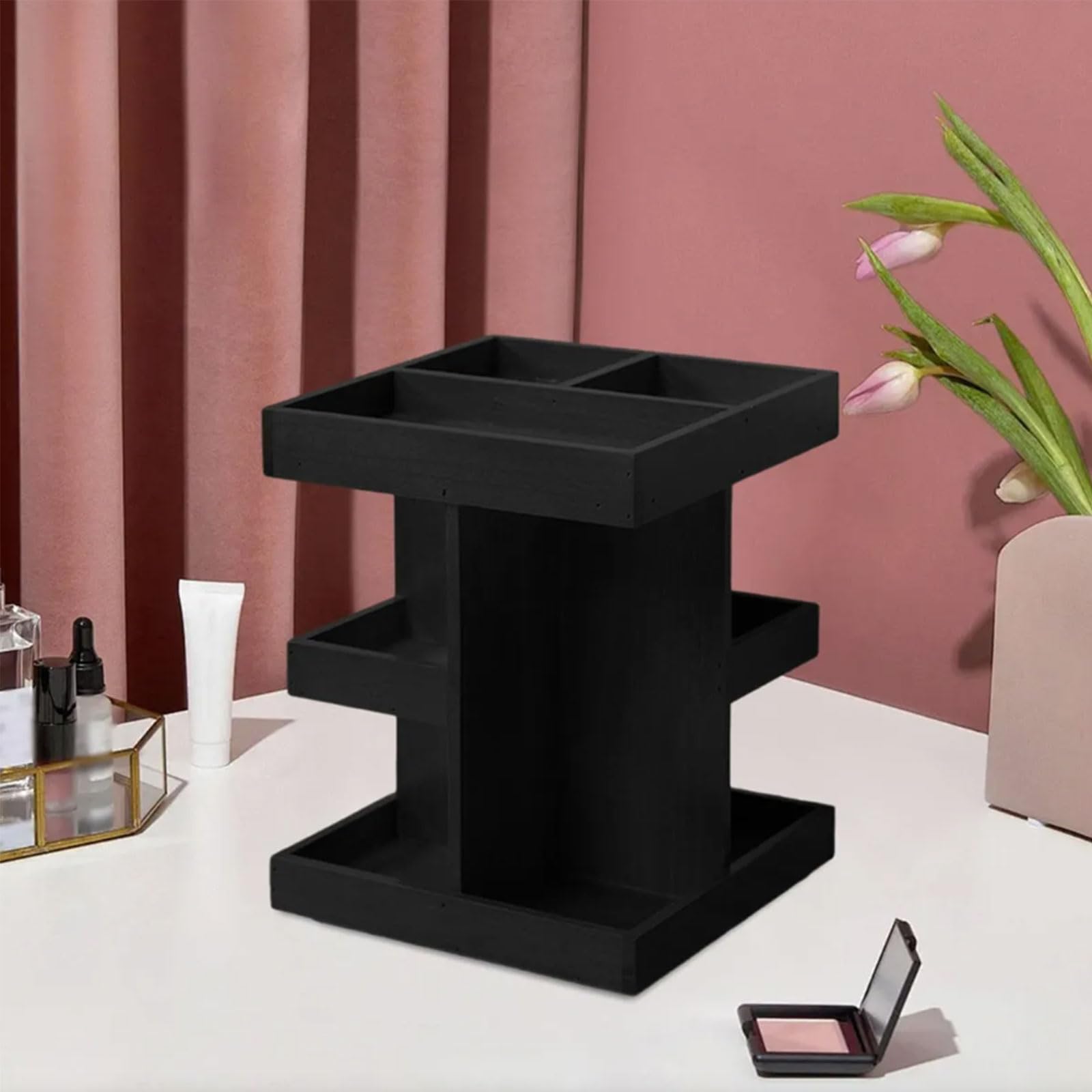 Organizador de tocador giratorio eficiente, 360 grados, múltiples capas, de madera, para almacenamiento de cosméticos, ahorro de espacio, estante de escritorio