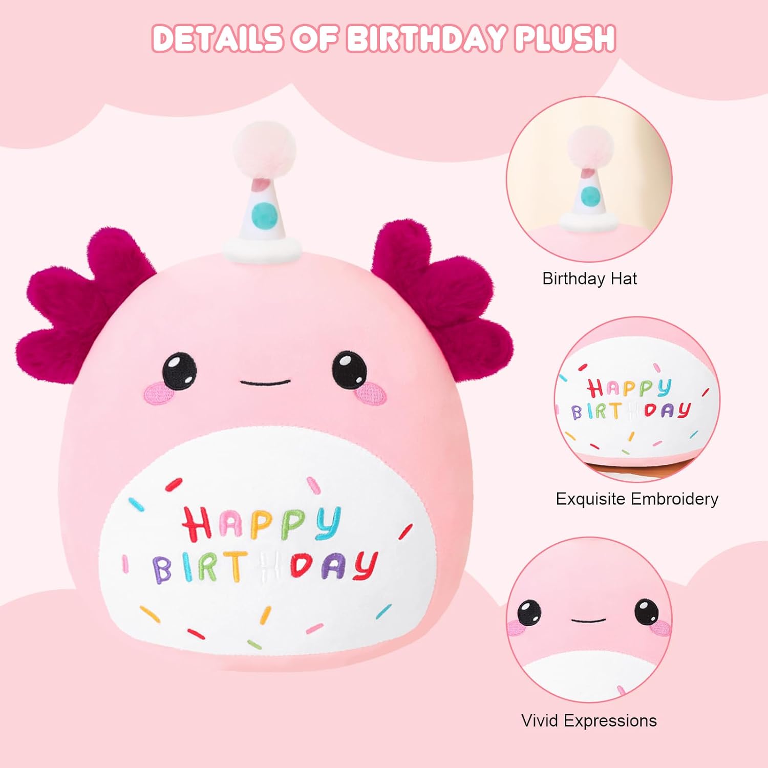 SQEQE Happy Birthday Axolotl Plush Axolotl Stuffed Animal Toy Pink Birthday Plushies Home Decor for Girls Boys Kids（8Inch - Image 2