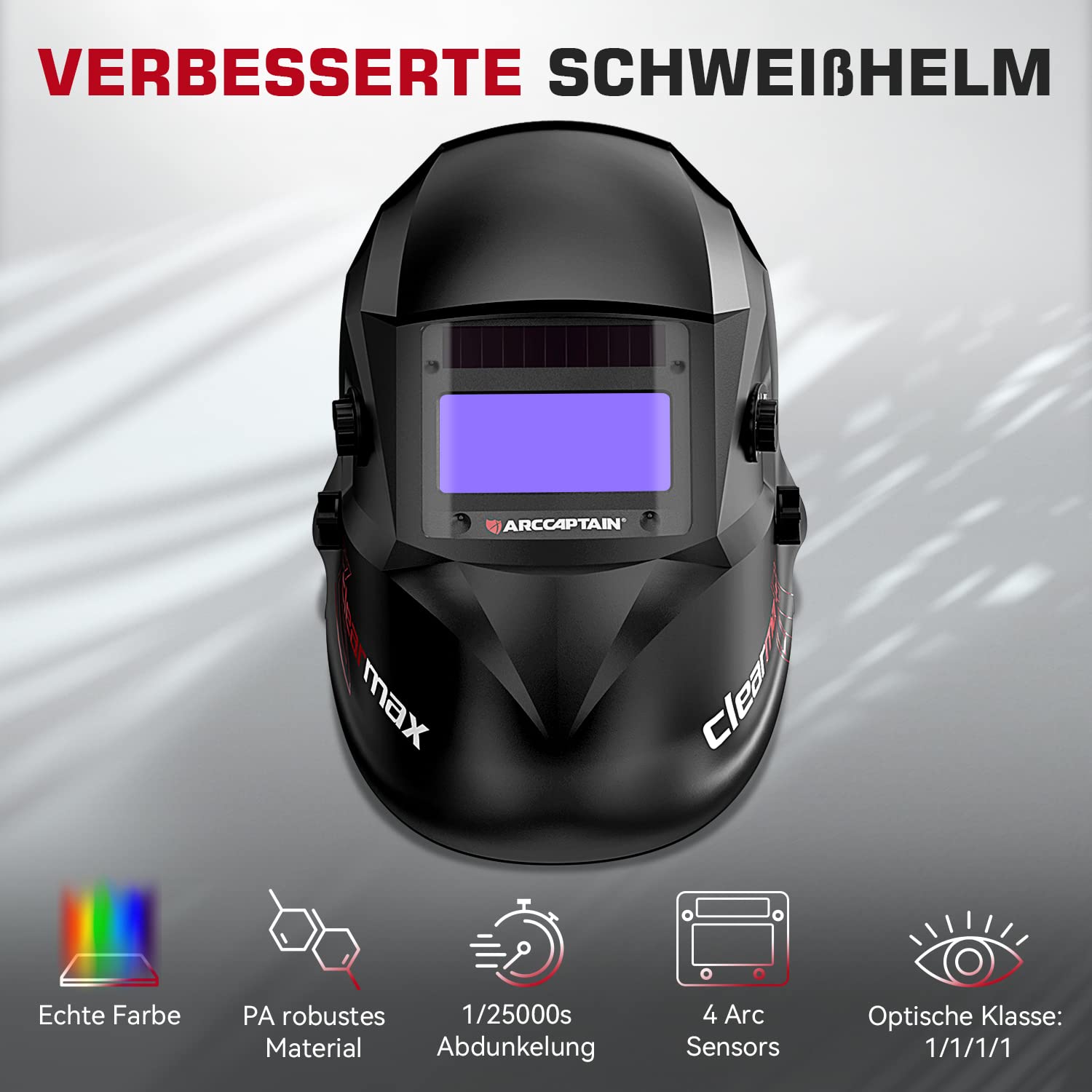 ARCCAPTAIN Kask spawalniczy Maska spawalnicza Automatyczne zaciemnienie do TIG MIG ARC, 1/1/1/1 Najwyższa przejrzystość optyczna, Ultra-lekki kask spawalniczy Automatyczne zaciemnienie