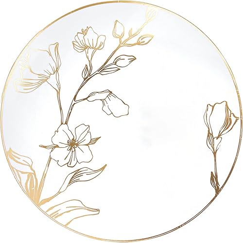 Miniatura 1 de EcoQuality Platos redondos de plástico blanco de 7.5 pulgadas con diseño floral dorado antiguo, platos desechables de fiesta como porcelana, platos