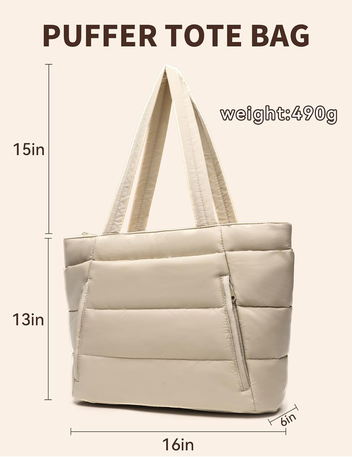 Puffer Tote Bag for Women, Nurse, Large Quilted Shoulder Bag with Cup Holder & Laptop Compartment for Work, Travel, Gym