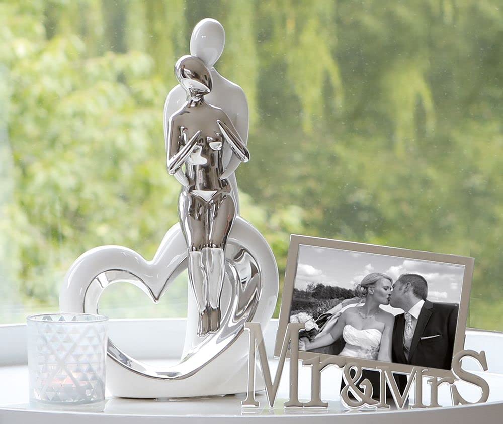 Scultura decorativa di design coppia di innamorati, in ceramica, coppia con cuore, statuetta decorativa bianca, regalo di nozze, coppia di sposi, statuetta in porcellana argentata (variante