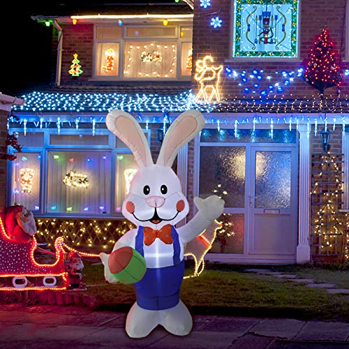 VCUTEKA Easter Inflatable Bunny Pushing Wheelbarrow with Eggs Blow Up Outdoor Decorations Lighted LED Lights Holiday Party Display Yard Lawn Patio Decorations 4FT 6FT Indoor Outside Decor