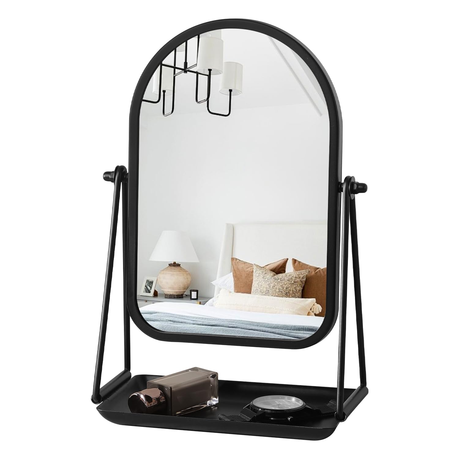 Gosider Vanity Makeup Mirrors with Storage Small Desk Table Mirror Black Arch Dress Table Mirror Iron Frame Countertop Mirrors with 360 Degree Swivel for Bathroom Bedroom Dorm