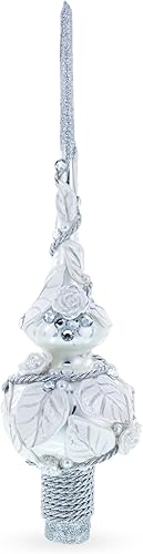 Rosas blancas dimensionales con hojas sobre vidrio soplado blanco para árbol de Navidad, 11 pulgadas