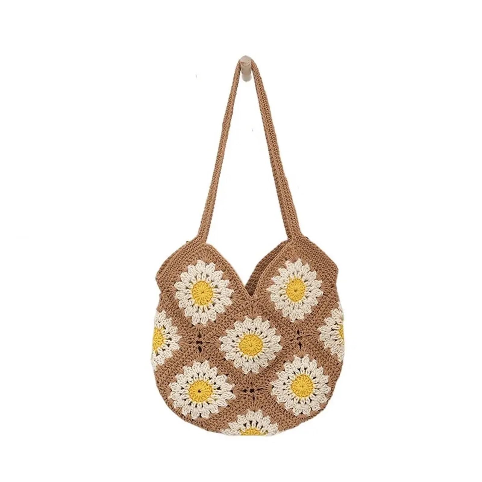 Bolso Ganchillo Flores Bolso de punto de ganchillo floral de moda, bolso de hombro bohemio hecho a mano, bolso de mano informal de gran capacidad for mujer, bolso de verano