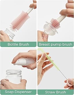 Momcozy Baby Bottle Brush Set, Cleaner Kit with Silicone Straw Brush, Soap Dispenser, Drying Rack - 7 in 1 Bottle Cleaning Tool for Home and Travel, Pink