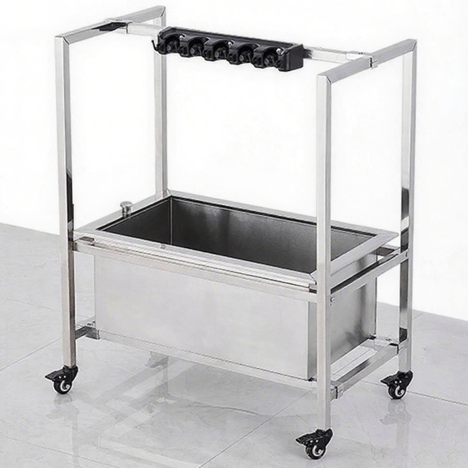 Soporte para escobas de acero inoxidable con ruedas y ganchos organizadores