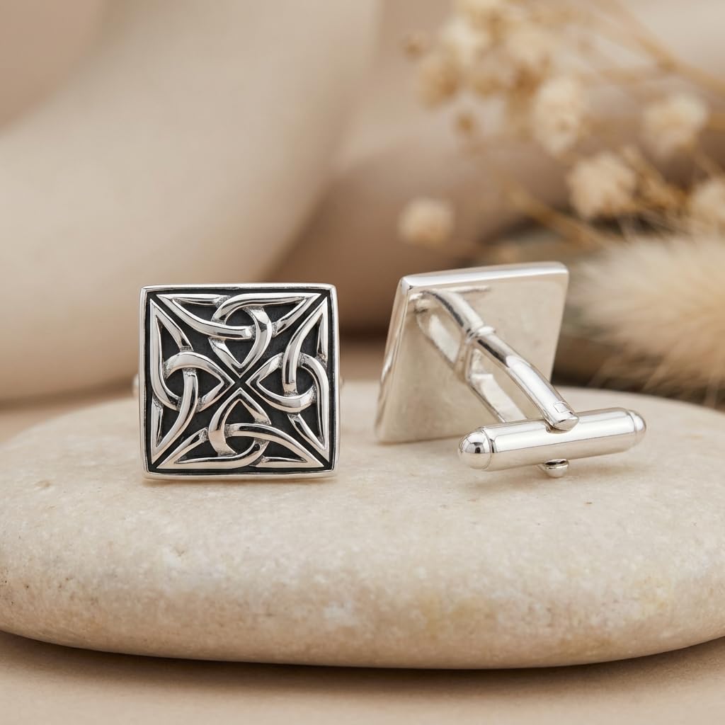 Alexander Castle 925 Sterlingsilber Oxidierte Keltische Manschettenknöpfe für Männer – Quadratische 15mm x 15mm Keltische Trinity-manschettenknöpfe mit Schmuck-geschenkbox