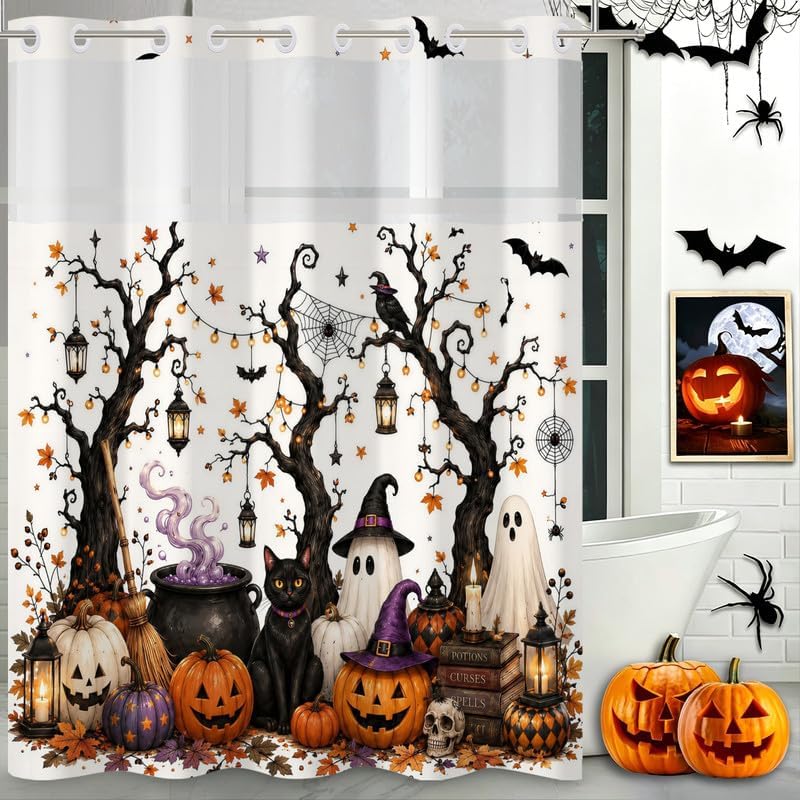 No Hook Halloween Spooky Ghost Pumpkin Shower Curtain with Snap in Liner