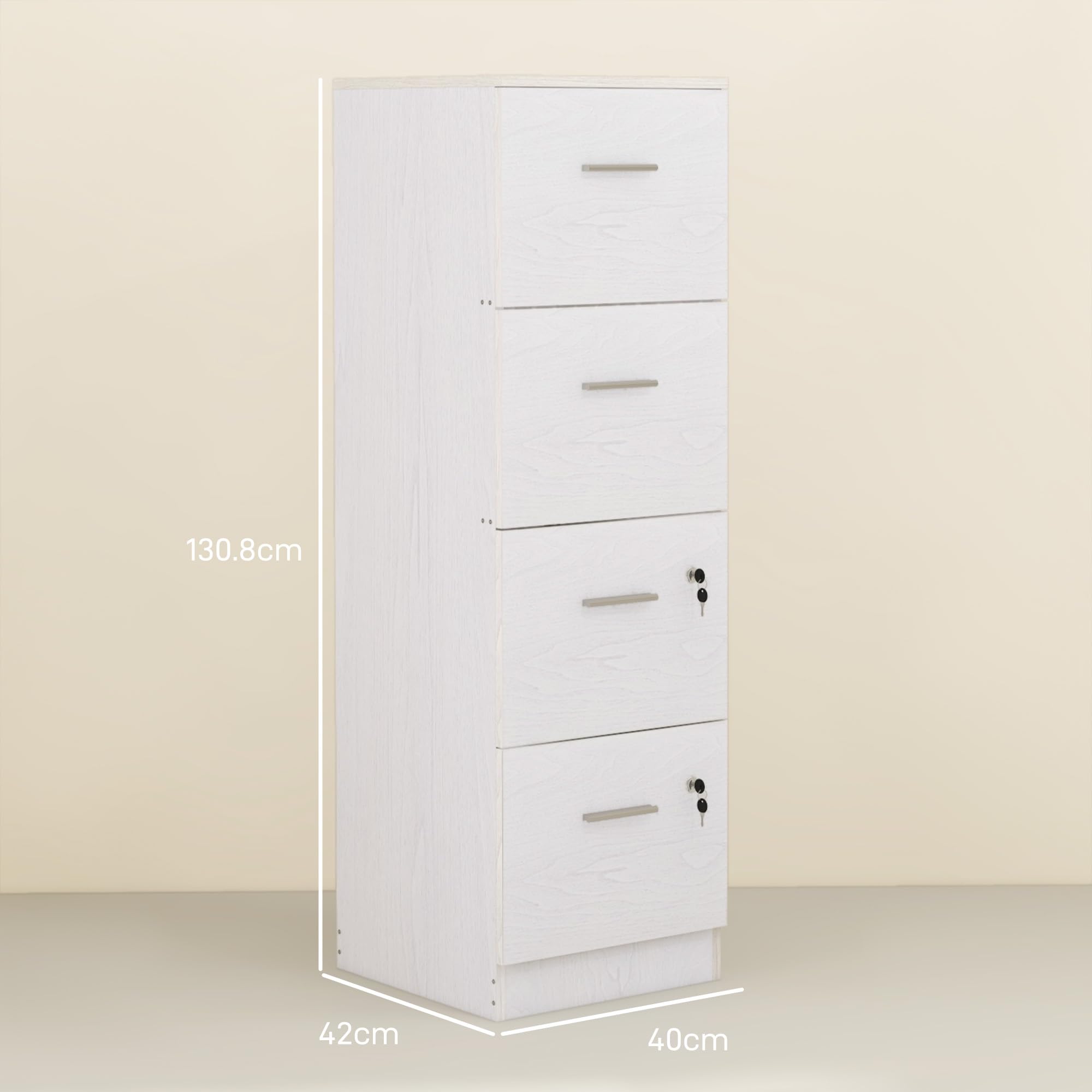 HOMCOM Schedario da Ufficio con 4 Cassetti, Cassettiera Ufficio con Serratura e Chiavi per Lettera/Formato A4, Armadietto Verticale per Casa, 40x42x131 cm, Bianco