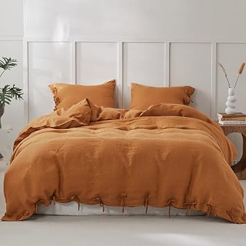 Simple&Opulence 100% Linen Duvet Cover Set 3pcs with Bowknot Ties Closure Natural French Washed Flax Solid Color Soft Breathable Farmhouse Bedding - Rust, King Size