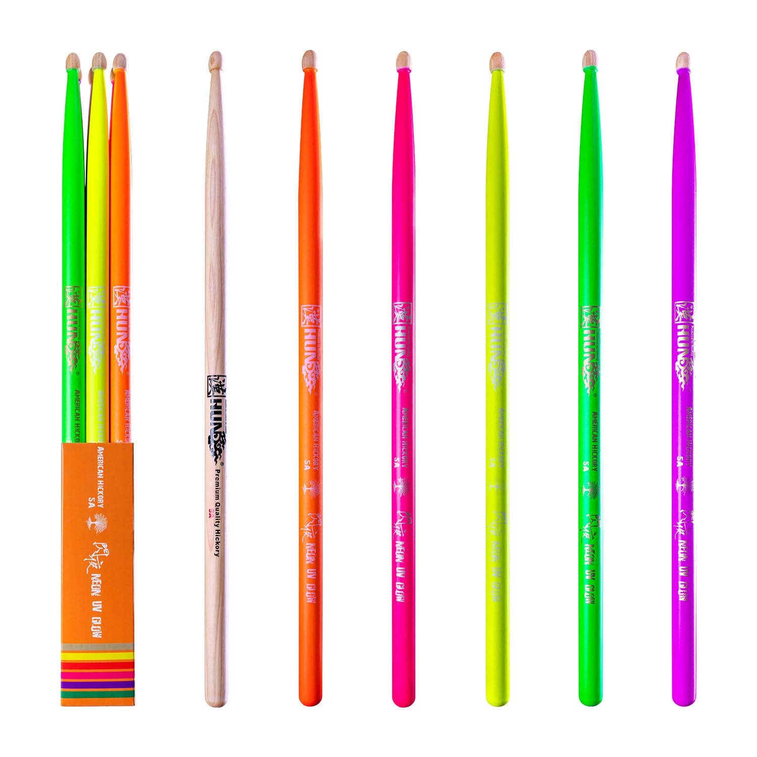 6-sticks(Assorted),Neon UV Glow Drum Stick, Classic 5A Drum Stick, Hickory Drum Stick, for Acoustic or Electronic Drum, wood drumstick glow under black light on stage,cant glow in dark.