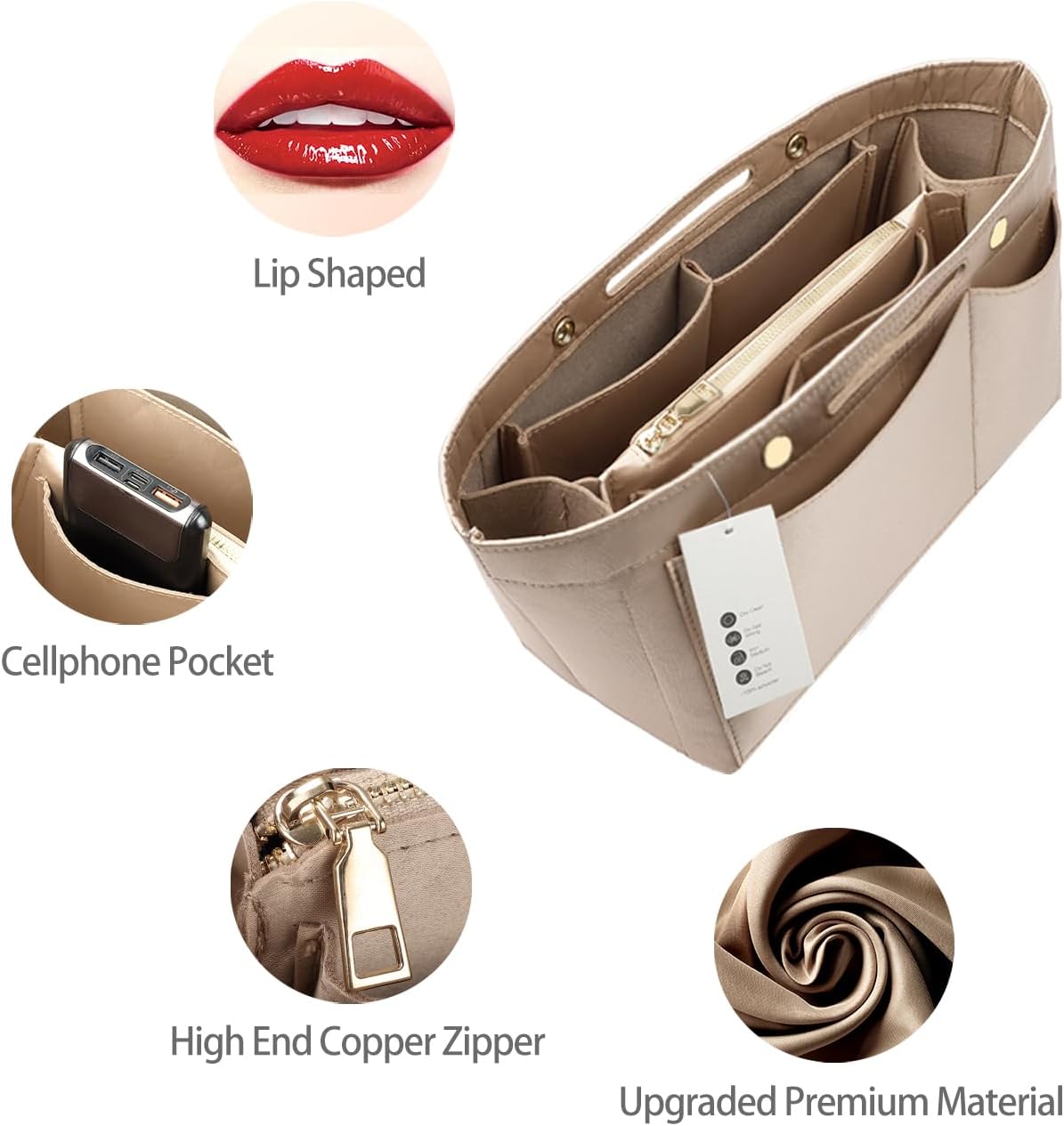 ZTUJO Purse Organizer Insert For Handbags, Silky Bag Organizer With 2 Zippers For Speedy Neverful Tote and More (Beige, Large) - Image 5