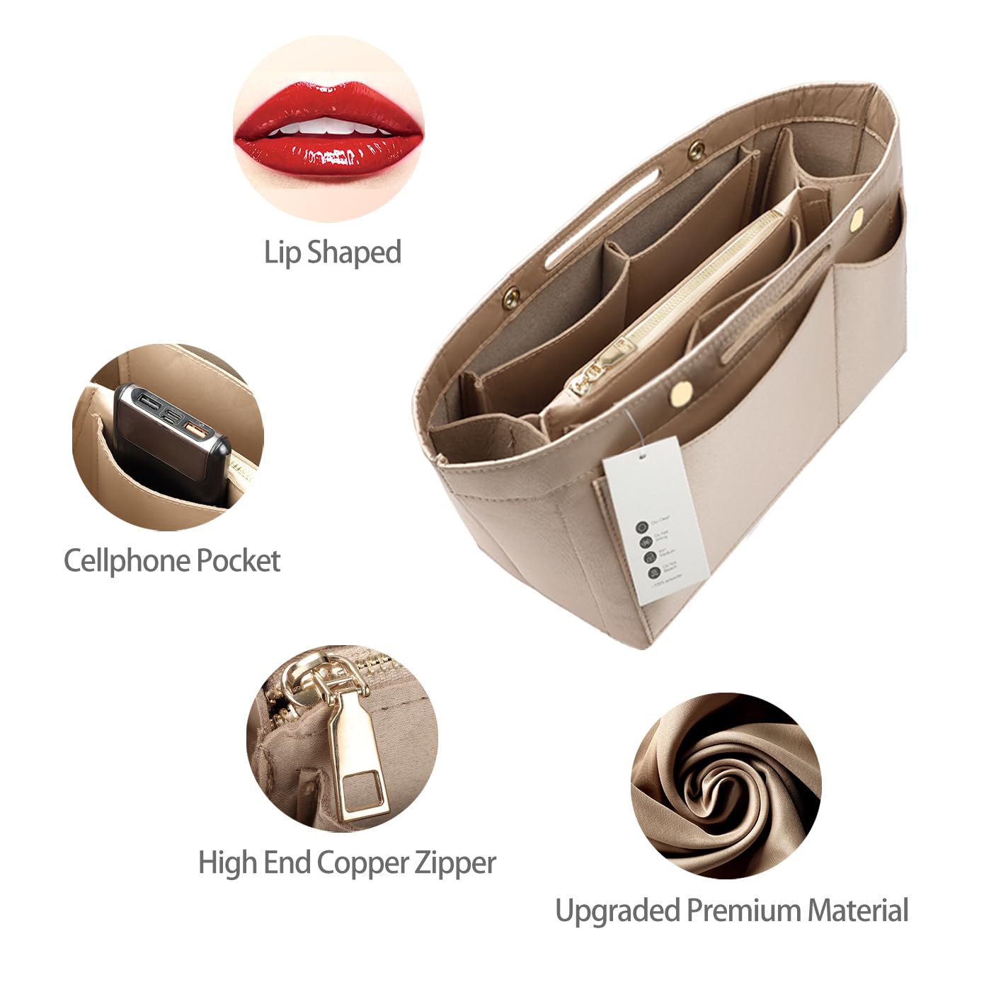 ZTUJO Organizador de monedero para bolsos, organizador de bolsas sedosas con 2 cremalleras para Speedy Neverful Tote y más (beige, grande)