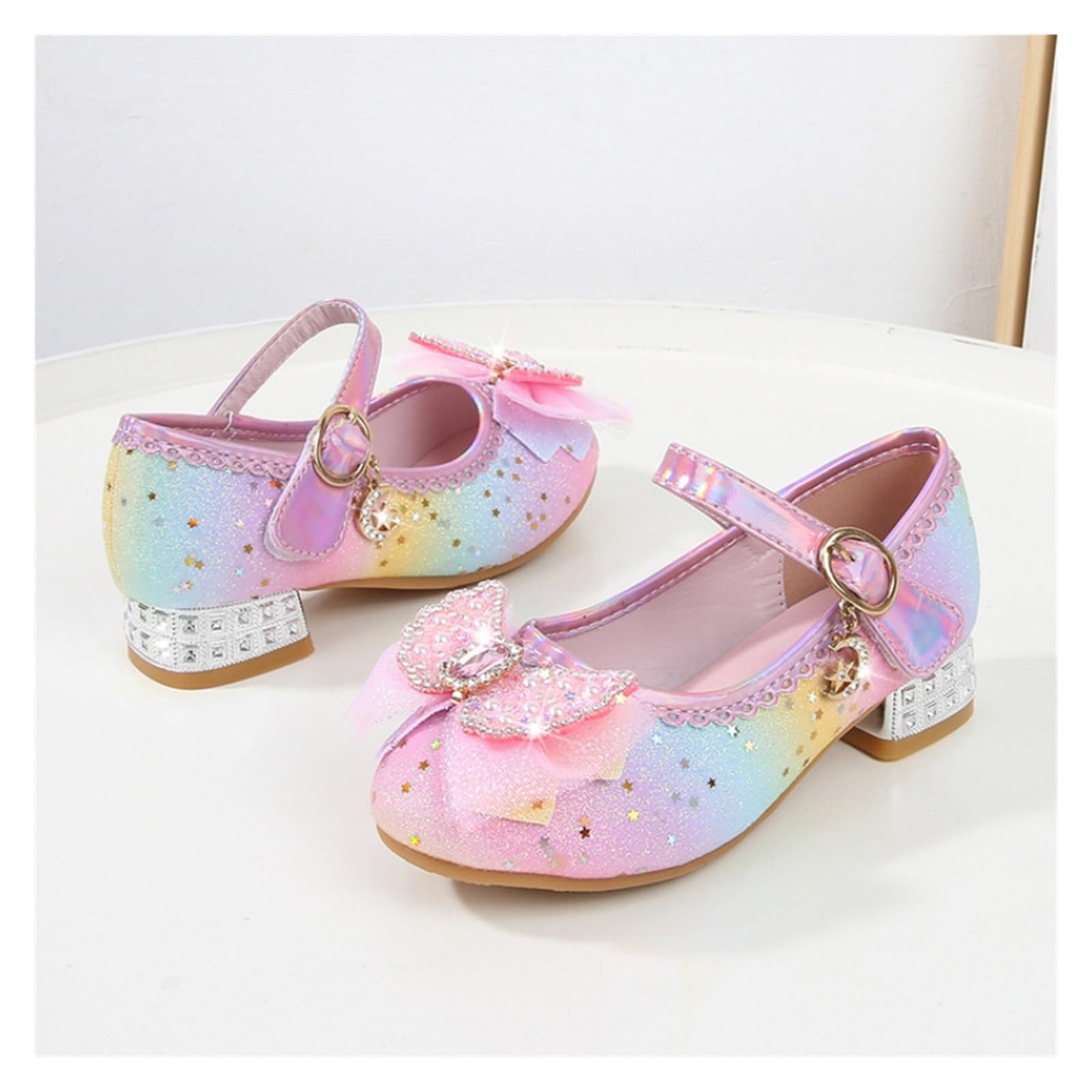 Scarpa Da Ballo Per Bambini Con Glitter Scarpe in pelle for bambini Glitter Arcobaleno Scarpe da principessa for ragazze Festa Matrimonio Paillettes Fiocco Scarpe singole for bambini con tacco alto Pe