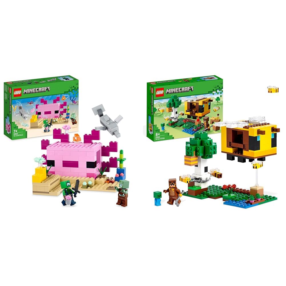 LEGO 21247 Minecraft The Axolotl House Set, Buildable Underwater Base with Diver Explorer & 21241 Minecraft The Bee Cottage Construction Toy with Buildable House, Farm, Baby Zombie and Animal Figures