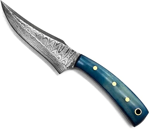 Miniatura 2 de Titan International Knives Cuchillo para despellejar Damasco de caza de 7.2 pulgadas, hoja fija de acero de alto carbono y mango de hueso teñido