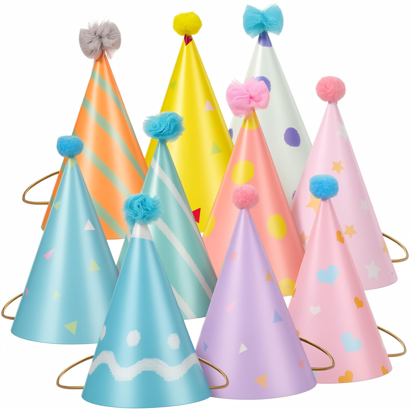 Matwsec 10 Pcs Birthday Party Hats for Kids Adults, Colorful Cone Birthday Hats with Pom Poms, Rainbow Party Hats for Toddler Girls Boys Fun Photo Props, Baby Shower, Birthday Decorations