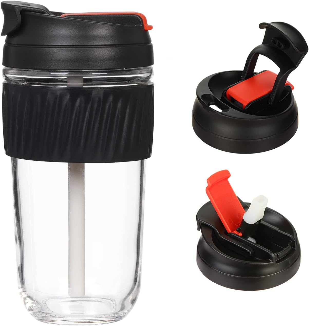 HY3Leak-proof Glass Tumbler with Lid and Straw, 18oz Coffee Travel Mug, Reusable Coffee Cup, BPA Free, Dishwasher and Microwave Safe (Coal Black)