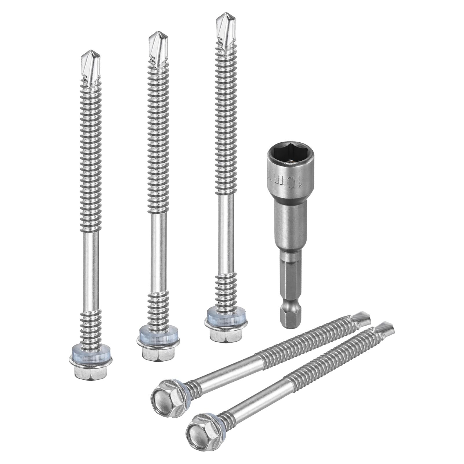 M METERXITY 50-Pack Self-Drilling Screws for Metal, #14x4" 410 Stainless Steel Hex Washer Head Self-Tapping Sheet Metal Screws with Hex Driver Bit