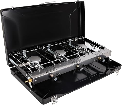 FineFlame Estufa de campamento de propano de 3 quemadores 19800 BTU, estufa de campamento portátil con 3 quemadores ajustables y botón de encendido
