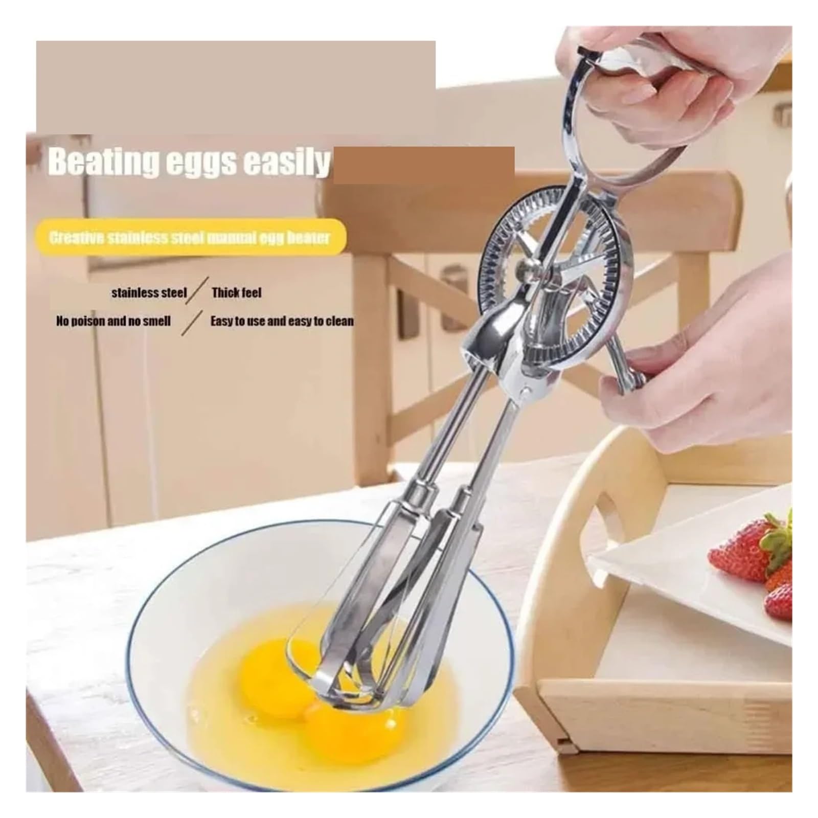 Batidor de huevos con manivela Manual acero inoxidable, batidor doble cabezal for mezclar en la cocina