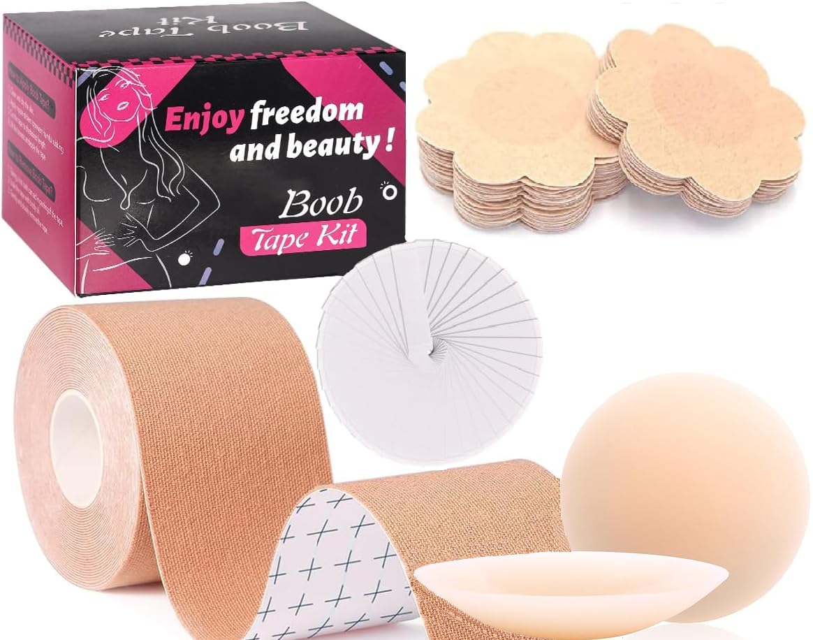 SHUTTLE ART Boob Tape Kit- Bodytape for Breast Lift with Petals, Breathable Adhesive Sticky Bra Tape, Push Up Nipple Tape Beige，Nipple Covers，Women Silicone Reusable Sticky Breast Petals