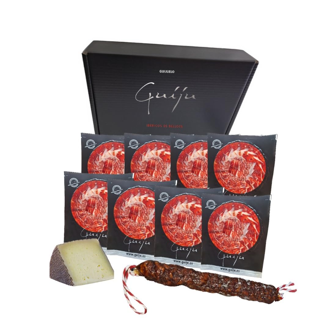 Jamón Ibérico de Cebo 50 % de Raza Ibérica-8 platos 80 gr- Envasado al Vacío + vela de chorizo o salchichón ibérico de bellota – Corte a cuchillo. Marca Guiju-Salamanca