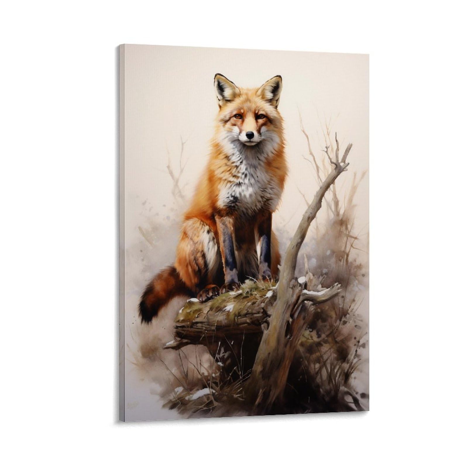 GMUKIFFY Rustic Fox Painting on Canvas Wall Art Watercolor Forest Wood Wild Nature Animal Stretched And Framed Canvas Prints Artwork for Home Decorations Ready to Hang Wall Decor 24x36inch(60x90cm)
