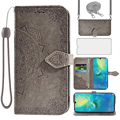 Asuwish Funda Mandala para Huawei Mate 20 X 5G con Cuerda y Cristal Protector de Pantalla Tarjetero Plegable Cadena Cuero Monedero Capa para Hawaii Mate20 20X Carcasa Phone Case Gris