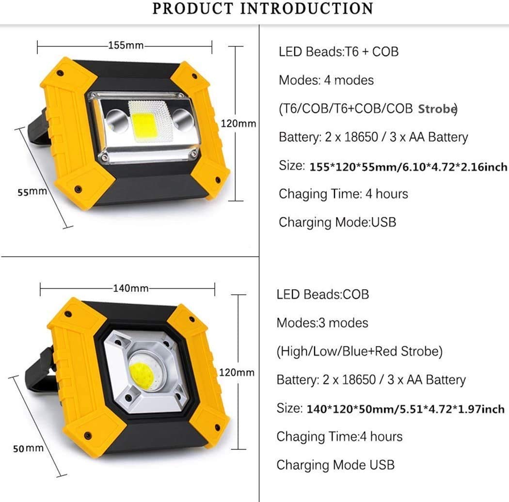Lampa robocza Przenośna lampa robocza LED o mocy 10 W, wodoodporna, akumulatorowa lampa robocza IP65 z czerwonym/niebieskim światłem migającym, 3 tryby jasności, do użytku na placu budowy, w garażu (