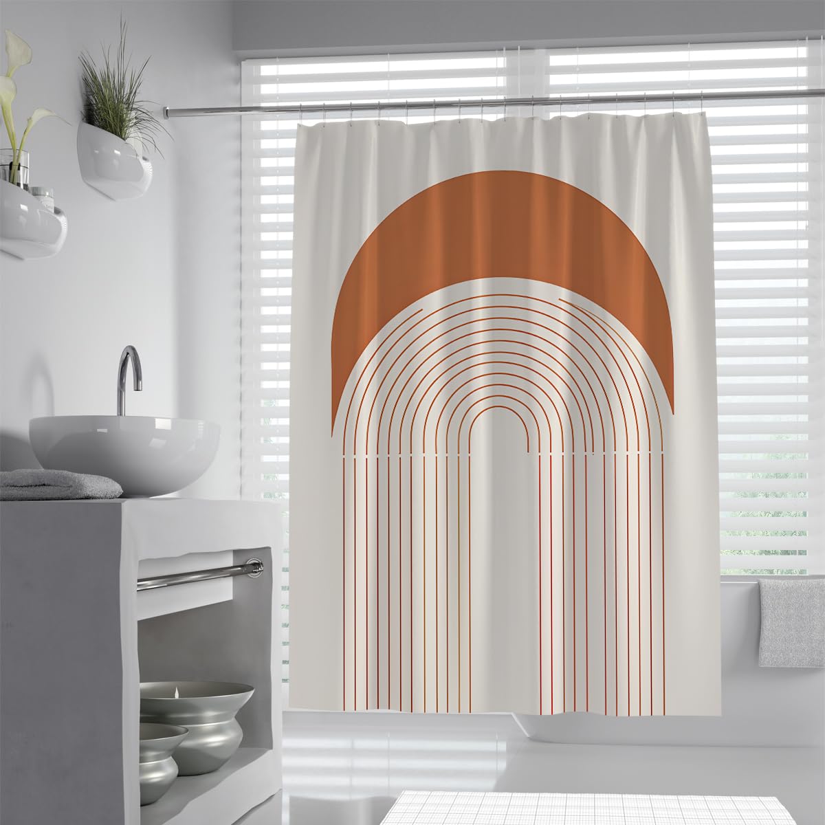 Uiringart Shower Curtains Terracotta Beige Mid Century Concentric Arches W180xl200cm Modern Minimalist Waterproof Water Repellent Walk In Shower Decor With Hook