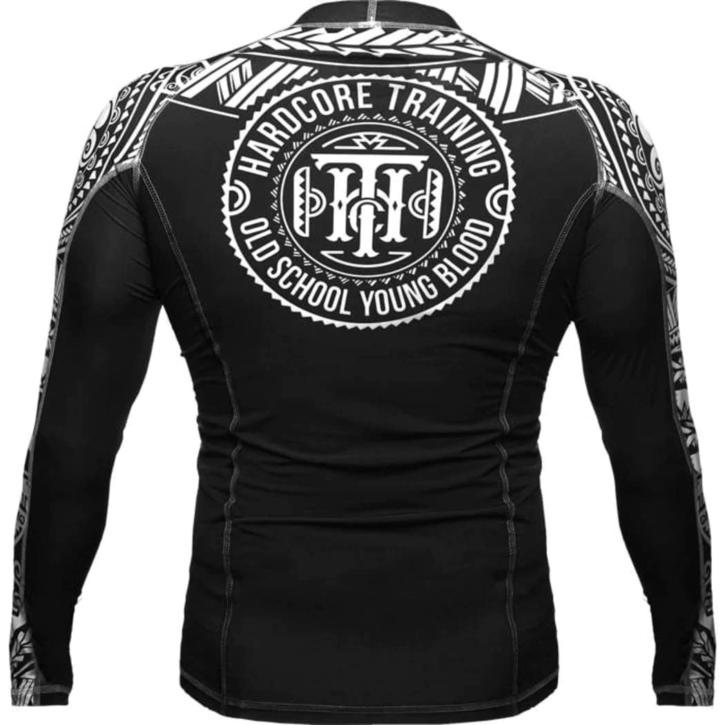 Hardcore Training Rash Guard Mężczyźni Kompresja Koszulka Długi Rękaw BJJ MMA No-Gi Obcisła Grappling Boks (DE/NL/SE/PL, Alfa, M, Regularny, Regularny, Czarny Biały)