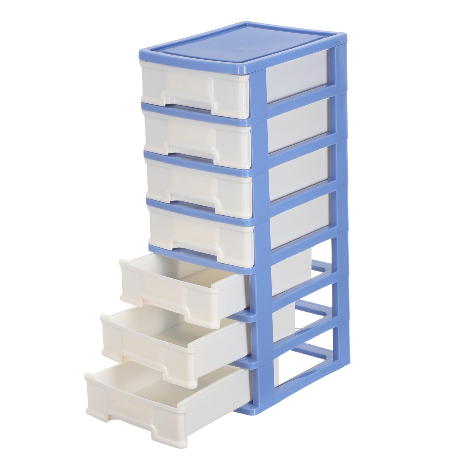 Healeved Organizador de Escritorio de Plástico 7 Cajones, Color Azul, Compacto y Multilayer para Oficina, Dormitorio y Sala de Estar, Almacenamiento para Papelería y Cosméticos, 35x17x13