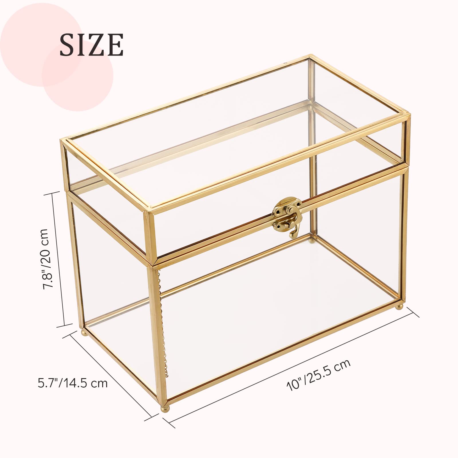 Caja de recuerdo de cristal vintage dorada | Caja para tarjetas de boda, caja de vidrio con tapa decorativa para exhibición, caja rectangular transparente, anillos, pulseras, organizador de 2