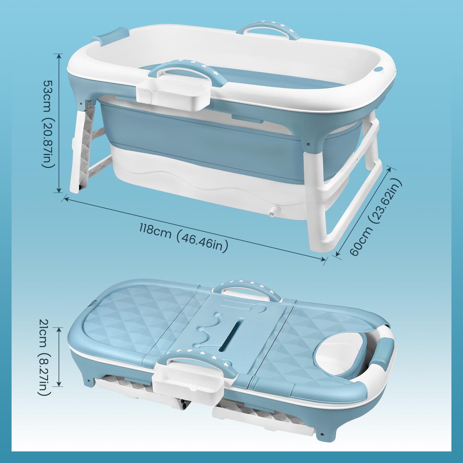 Bañera Plegable para Adultos, Bañeras Plegables Móvil con Rodillos de Masaje y Cubierta Extraíble, Bathtub Plegable Portátil para Baños Pequeños, Cesta de Jabón, Termómetro, Balcón, Azul, 118x62x52cm