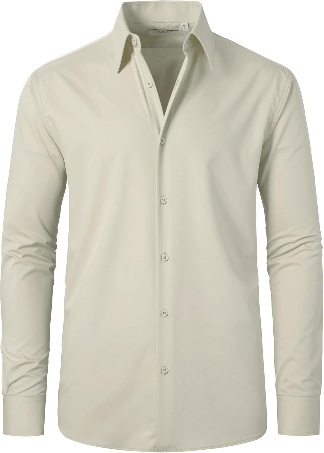 FAHIZO Men's Dress Shirt Regular Fit Soild Business Formal Long Sleeve Button Up Stretch Shirts, Beige, 16.5 Neck 34"-35" Sleeve,L - Image 2